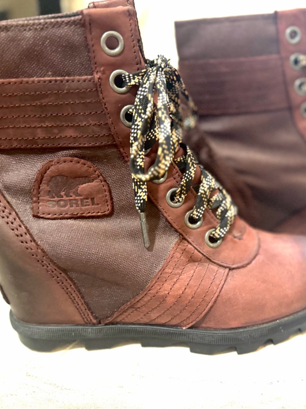 Sorel Women's Two-Tone Lace-Up Winter Boots in Chestnut and Dark Brown